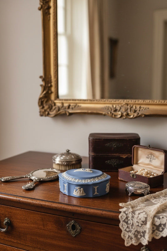 Wedgwood Jasperware Trinket Box Blue White Relief 4.5”