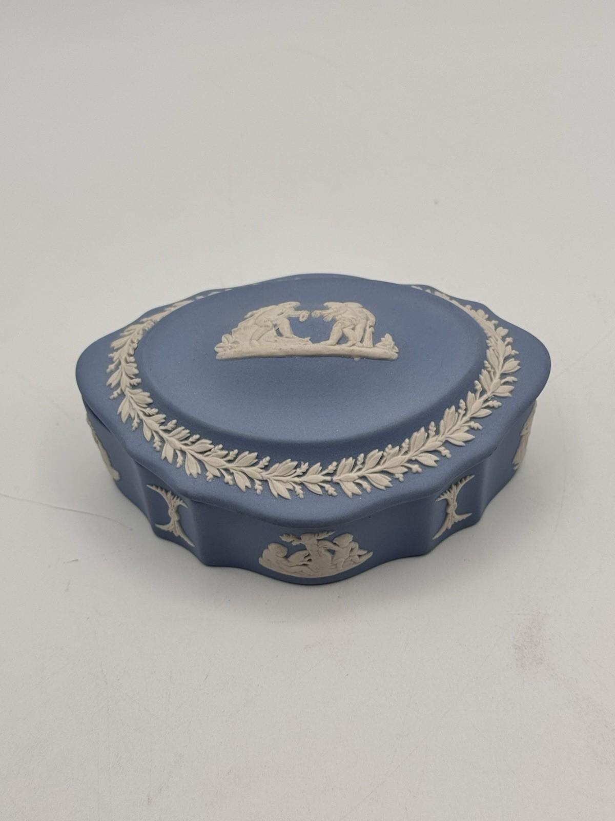 Wedgwood Jasperware Trinket Box Blue White Relief 4.5”
