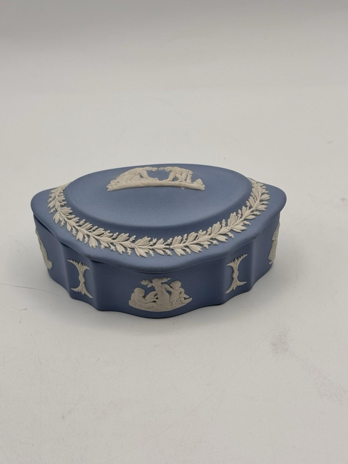 Wedgwood Jasperware Trinket Box Blue White Relief 4.5”