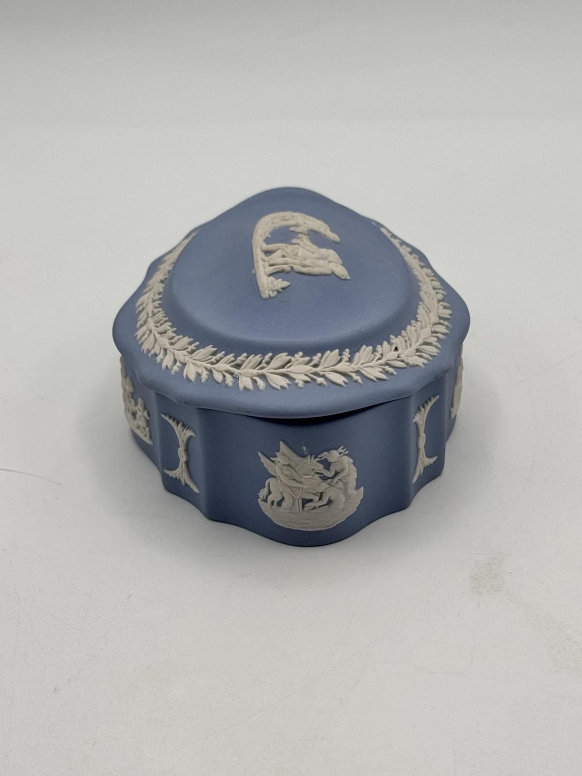 Wedgwood Jasperware Trinket Box Blue White Relief 4.5”