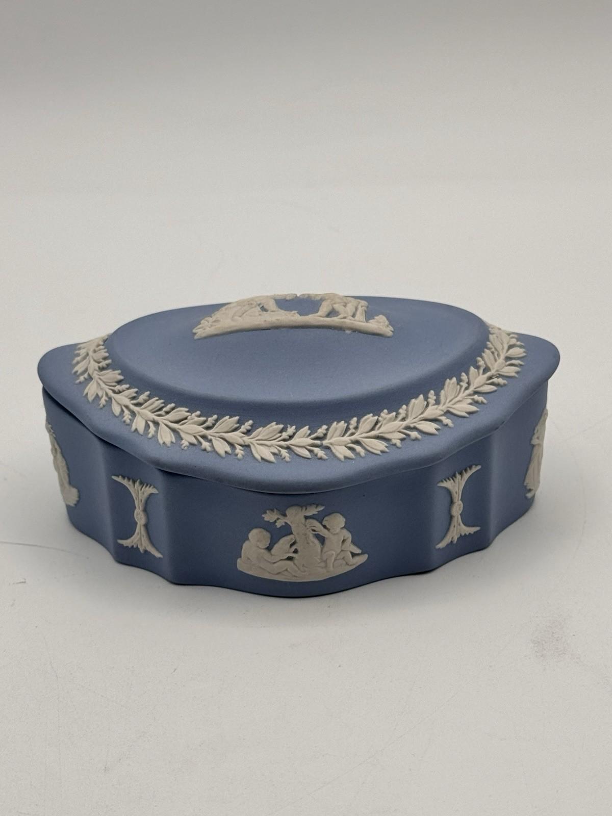 Wedgwood Jasperware Trinket Box Blue White Relief 4.5”