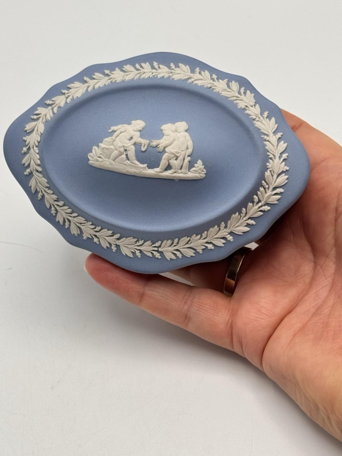 Wedgwood Jasperware Trinket Box Blue White Relief 4.5”