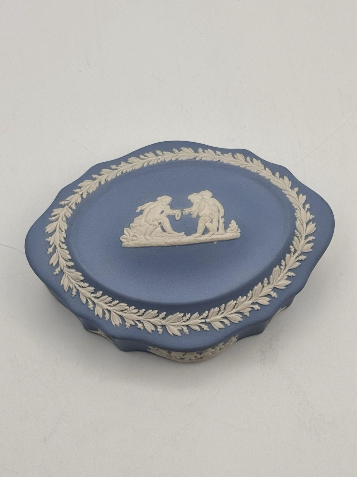 Wedgwood Jasperware Trinket Box Blue White Relief 4.5”