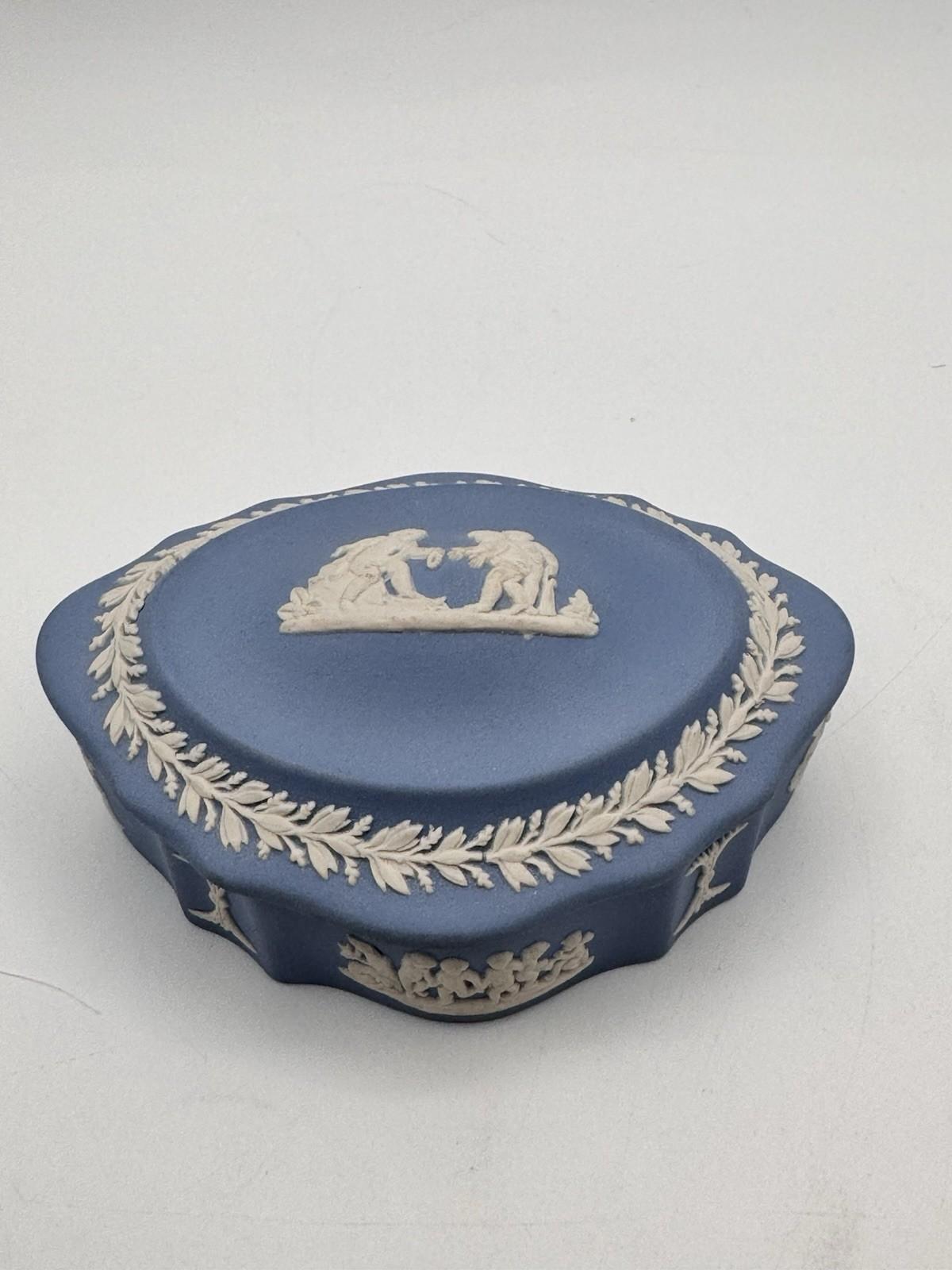 Wedgwood Jasperware Trinket Box Blue White Relief 4.5”