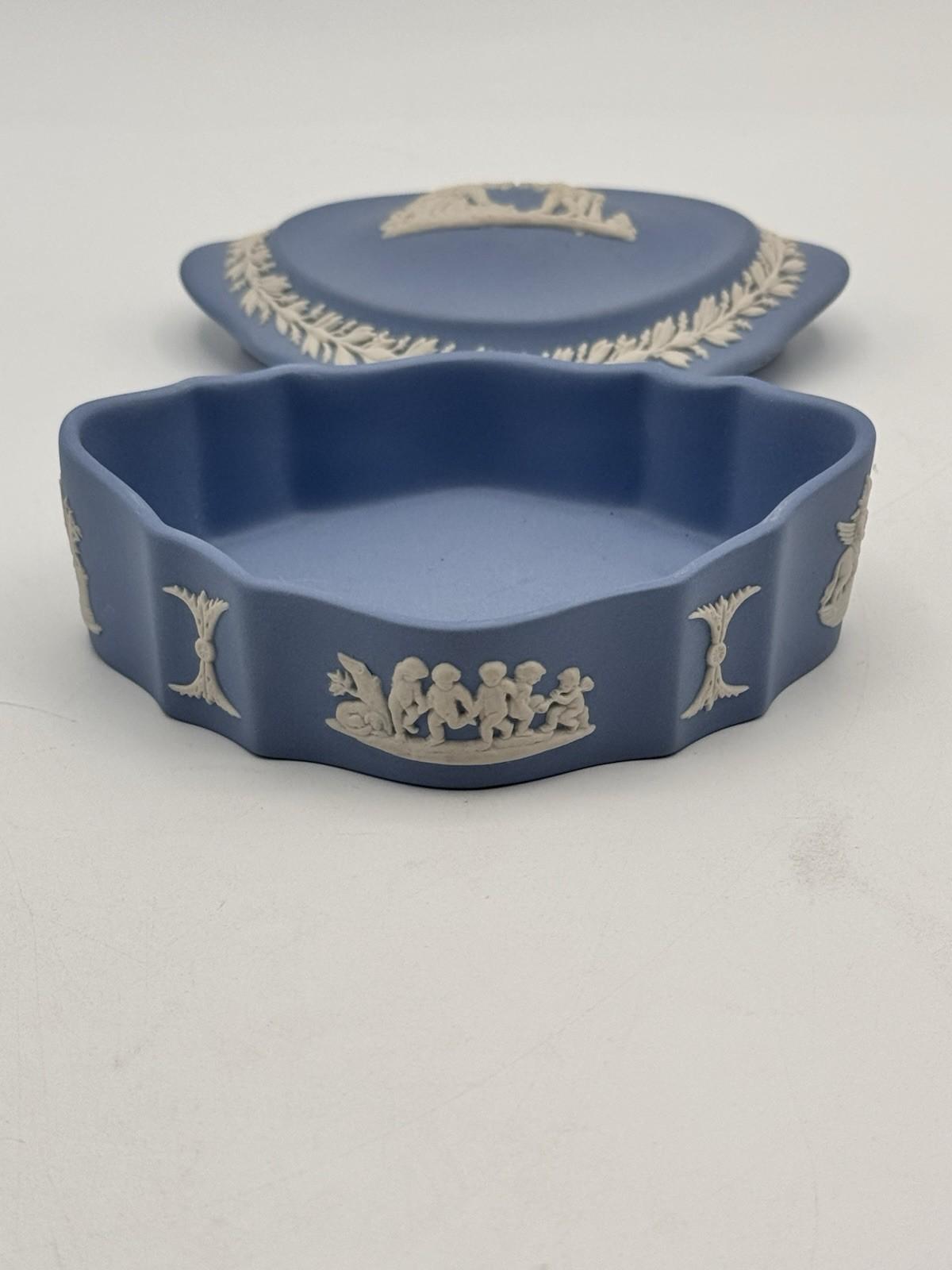 Wedgwood Jasperware Trinket Box Blue White Relief 4.5”