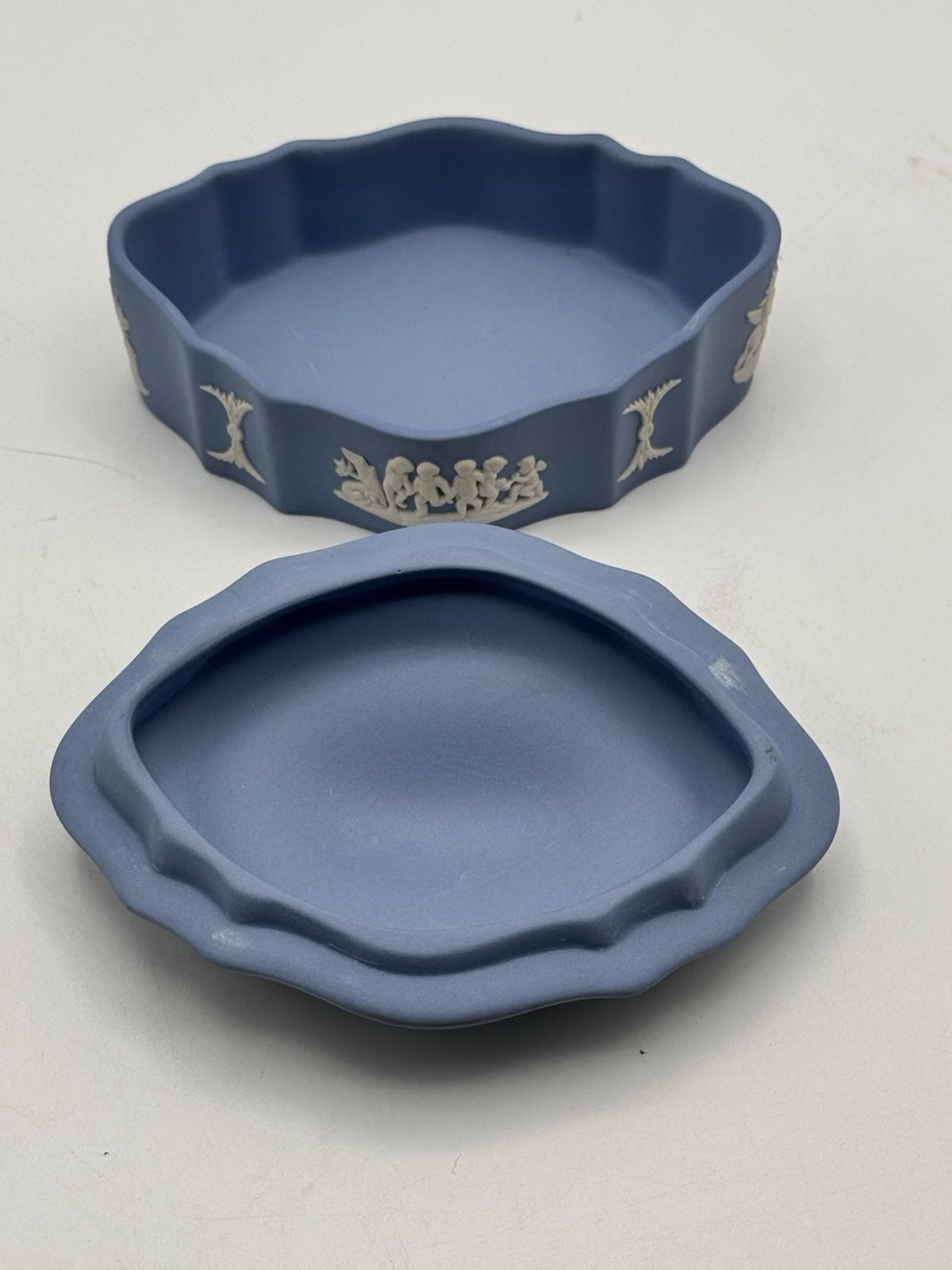 Wedgwood Jasperware Trinket Box Blue White Relief 4.5”