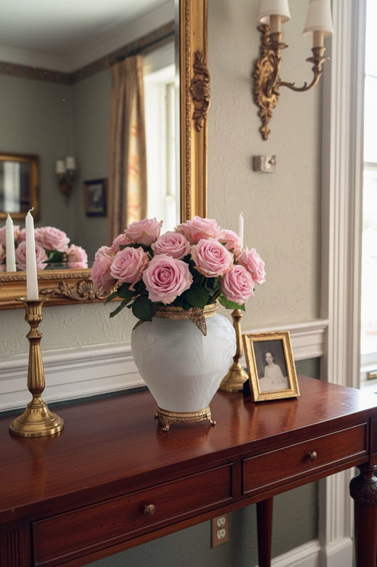 Vase Art Nouveau Satin Glass Poppy Flowers Gold Filigree Ormolu 9.25”