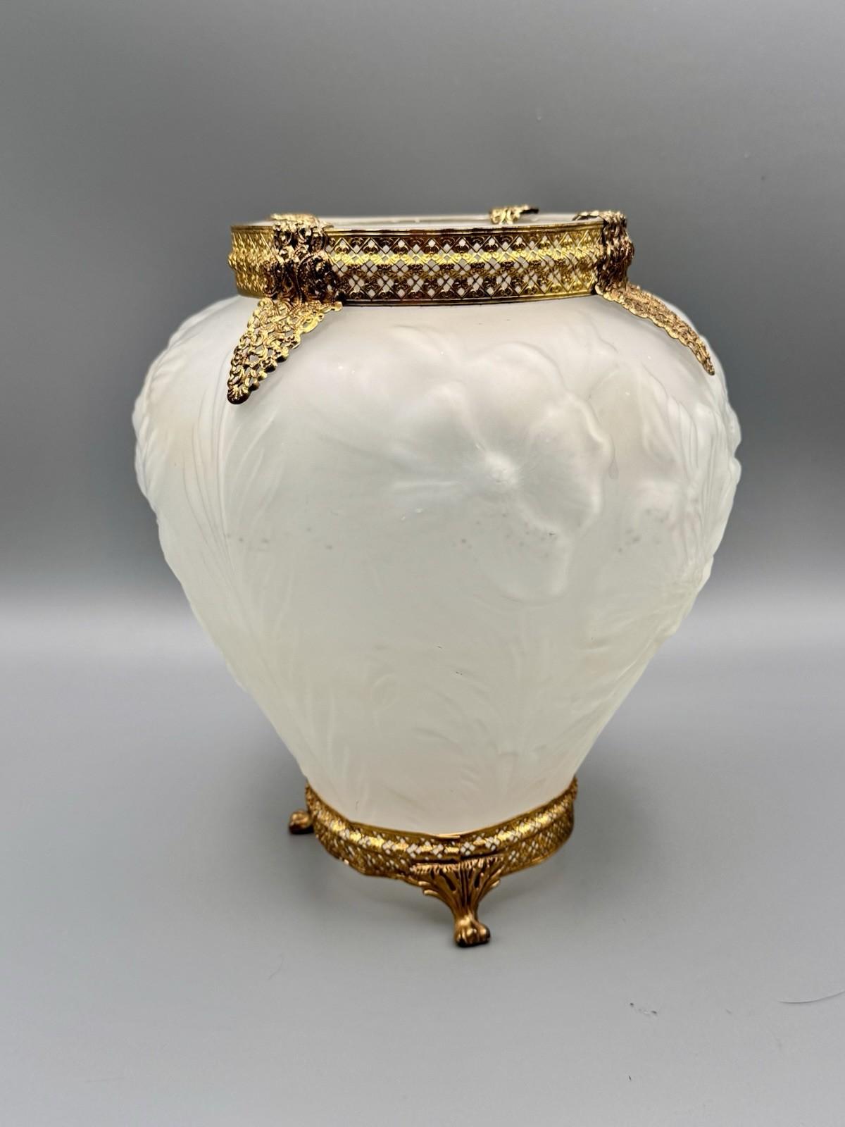 Vase Art Nouveau Satin Glass Poppy Flowers Gold Filigree Ormolu 9.25”