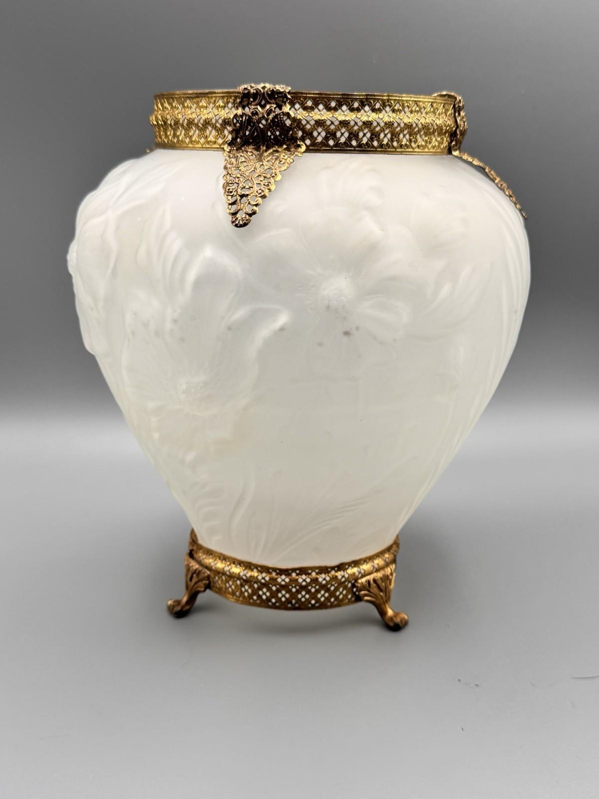 Vase Art Nouveau Satin Glass Poppy Flowers Gold Filigree Ormolu 9.25”