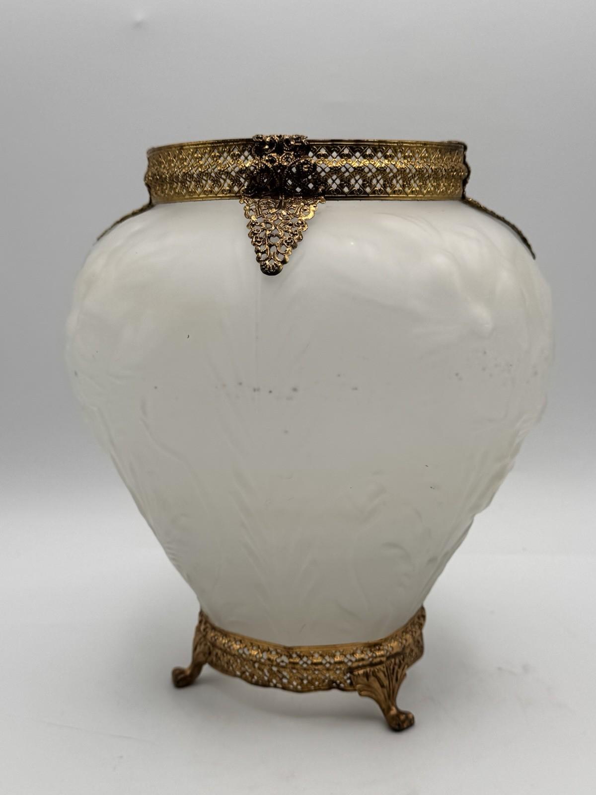 Vase Art Nouveau Satin Glass Poppy Flowers Gold Filigree Ormolu 9.25”
