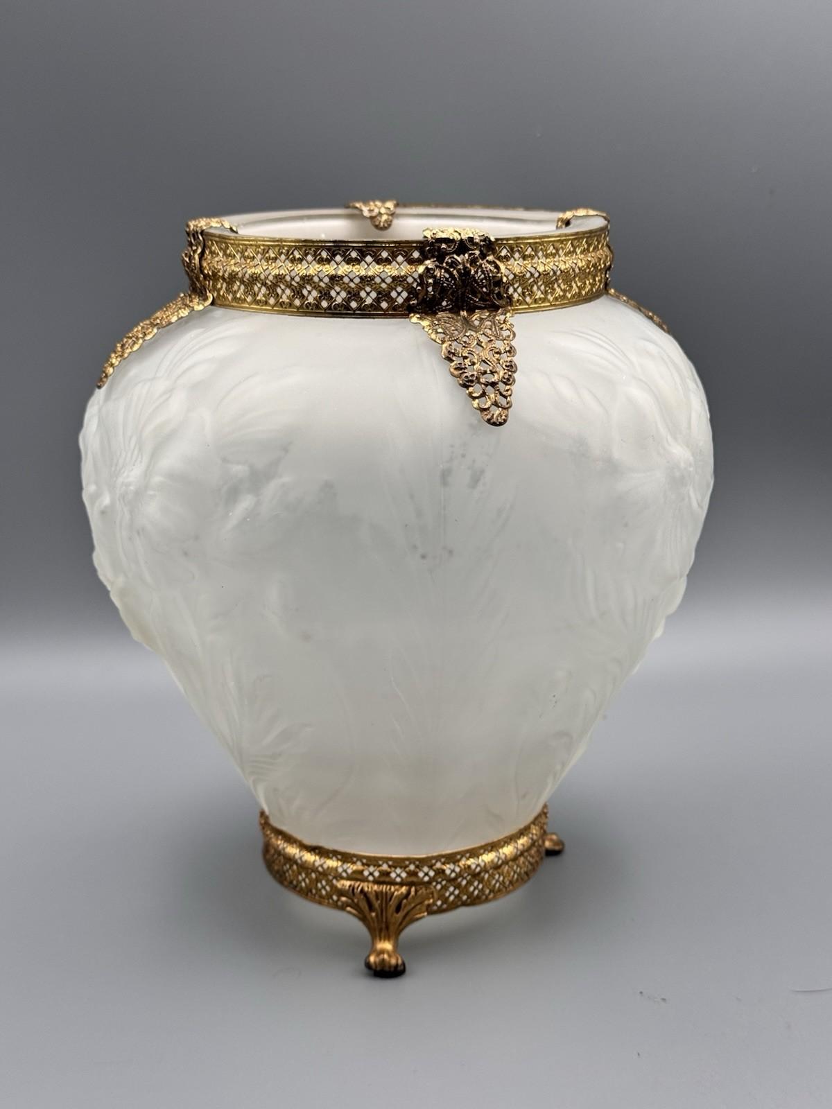 Vase Art Nouveau Satin Glass Poppy Flowers Gold Filigree Ormolu 9.25”
