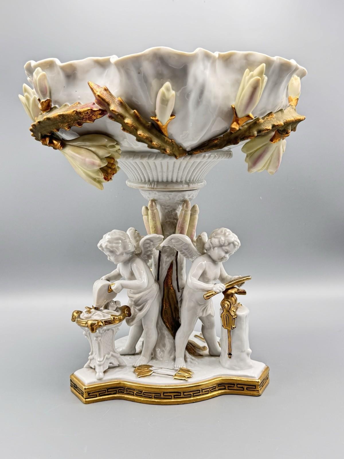 Large Cherub Compote French Inspired Porcelain 12” VINTAGE ESTATE FIND