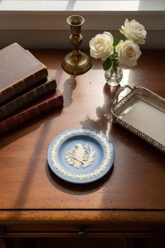 Wedgwood Jasperware Parrot Pin Dish Blue Relief 4.3”