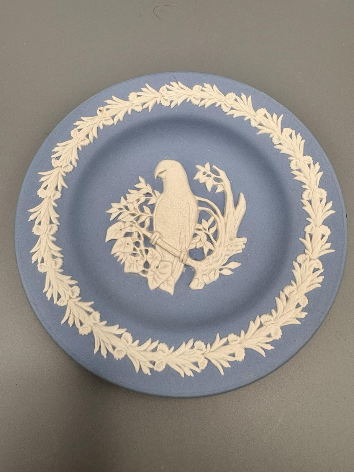 Wedgwood Jasperware Parrot Pin Dish Blue Relief 4.3”