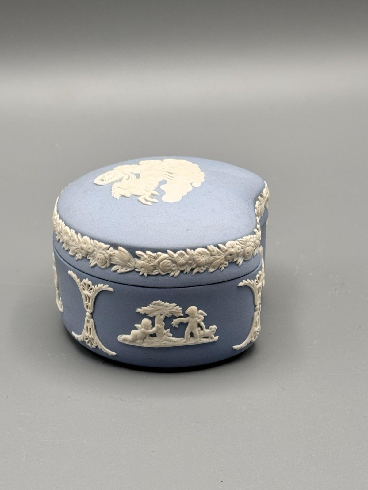 Wedgwood Jasperware Trinket Box Blue Cherub Relief 3.25”