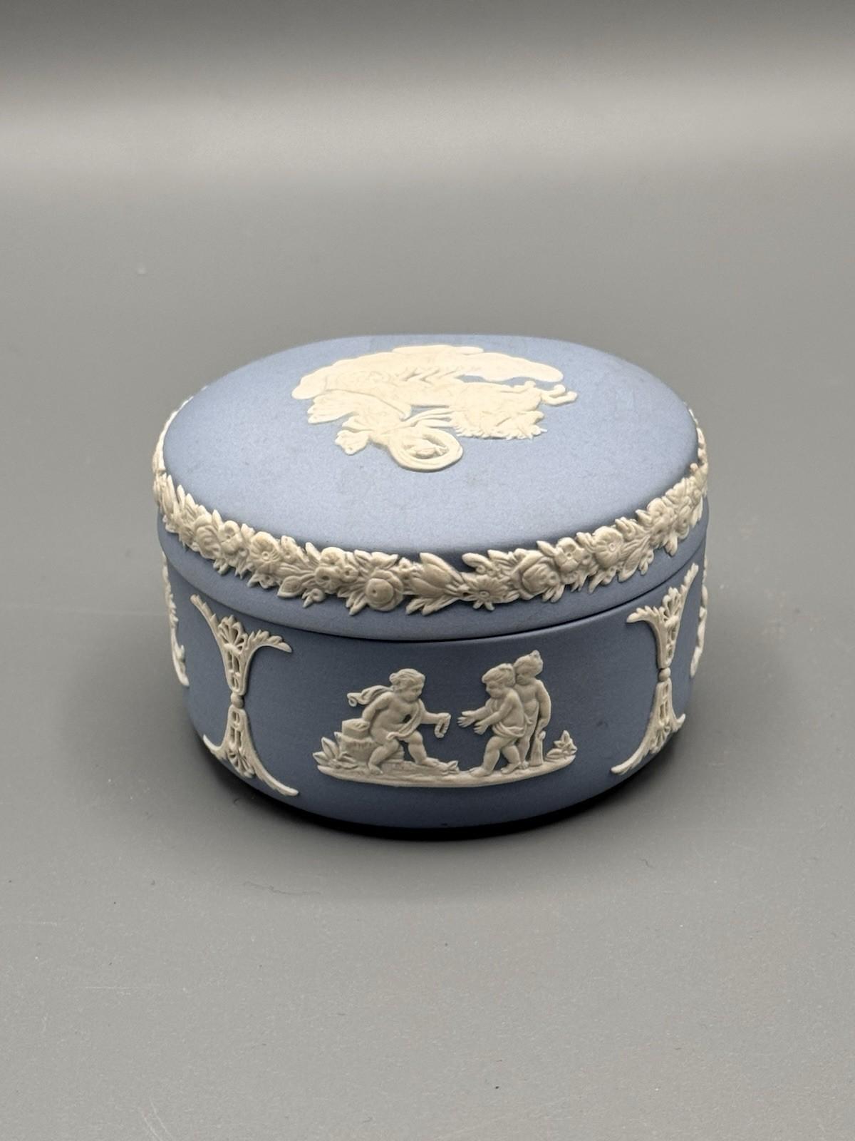 Wedgwood Jasperware Trinket Box Blue Cherub Relief 3.25”