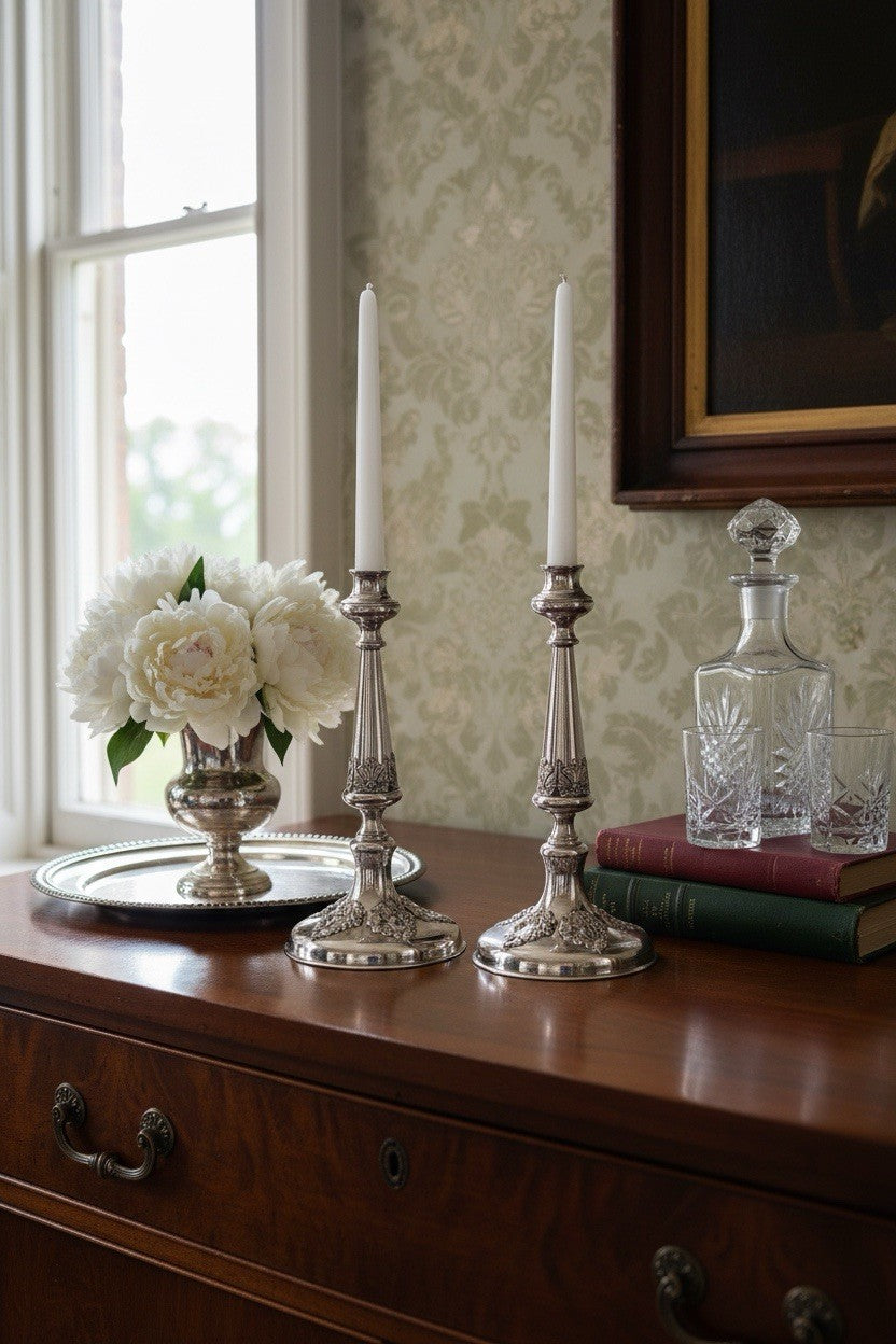 Antique Silverplate Candlesticks Old Sheffield Style Heraldic Pair PLUME