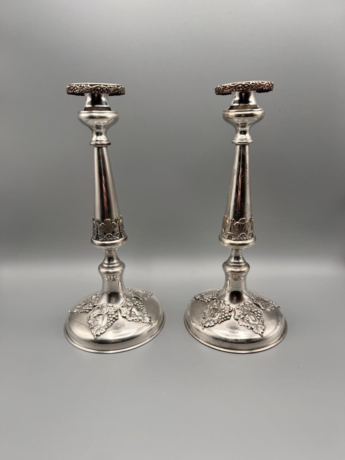 Antique Silverplate Candlesticks Old Sheffield Style Heraldic Pair PLUME