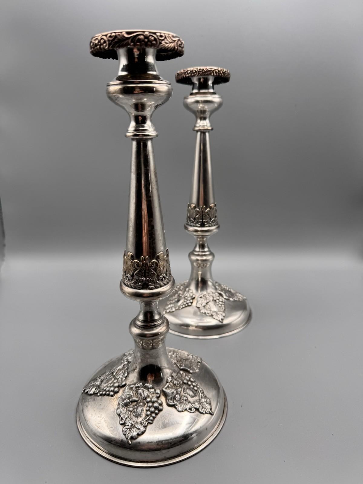 Antique Silverplate Candlesticks Old Sheffield Style Heraldic Pair PLUME