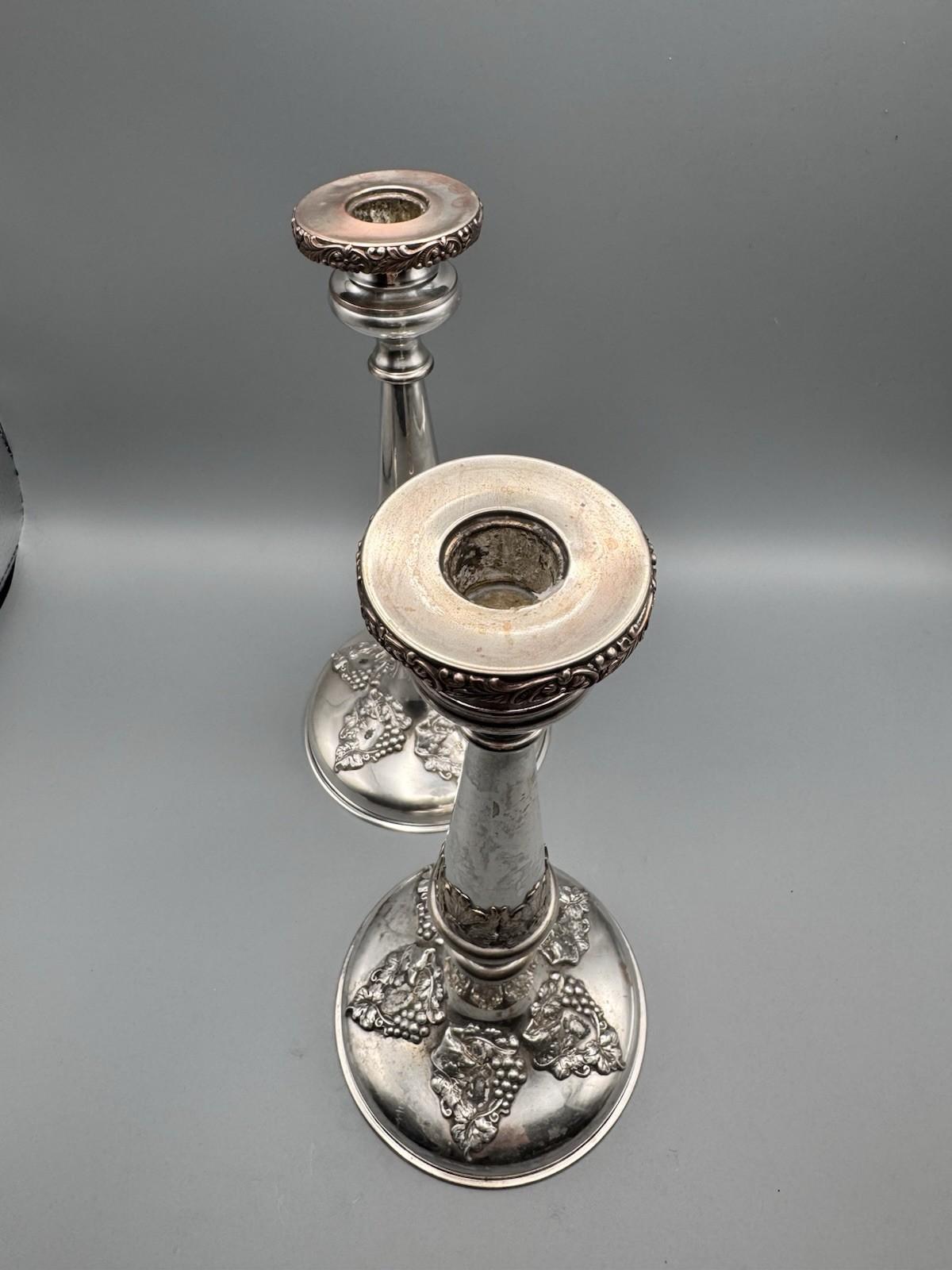 Antique Silverplate Candlesticks Old Sheffield Style Heraldic Pair PLUME