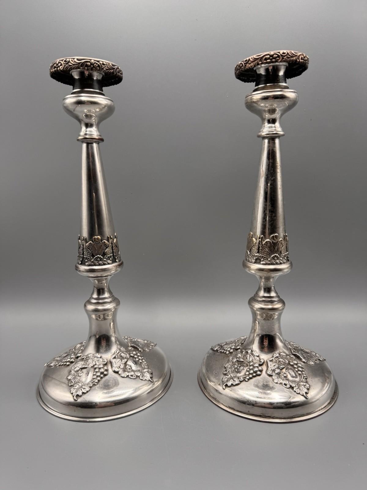 Antique Silverplate Candlesticks Old Sheffield Style Heraldic Pair PLUME
