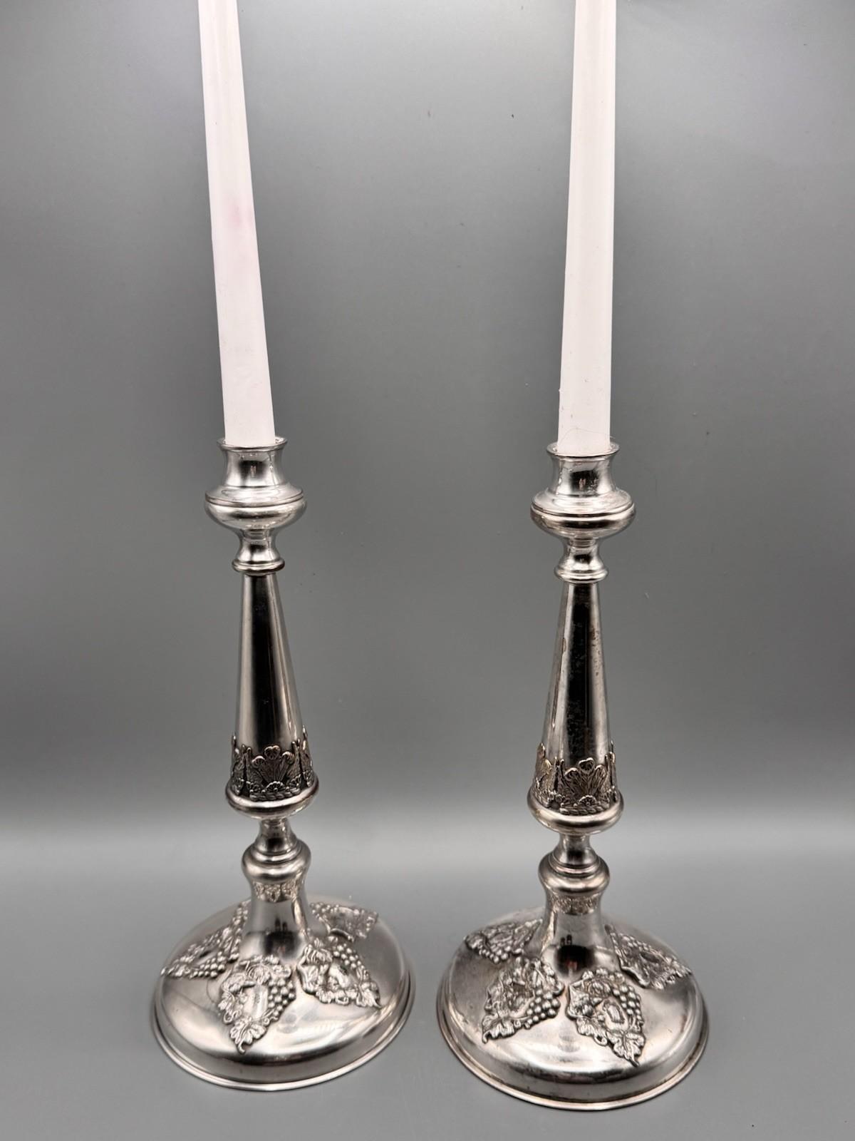 Antique Silverplate Candlesticks Old Sheffield Style Heraldic Pair PLUME