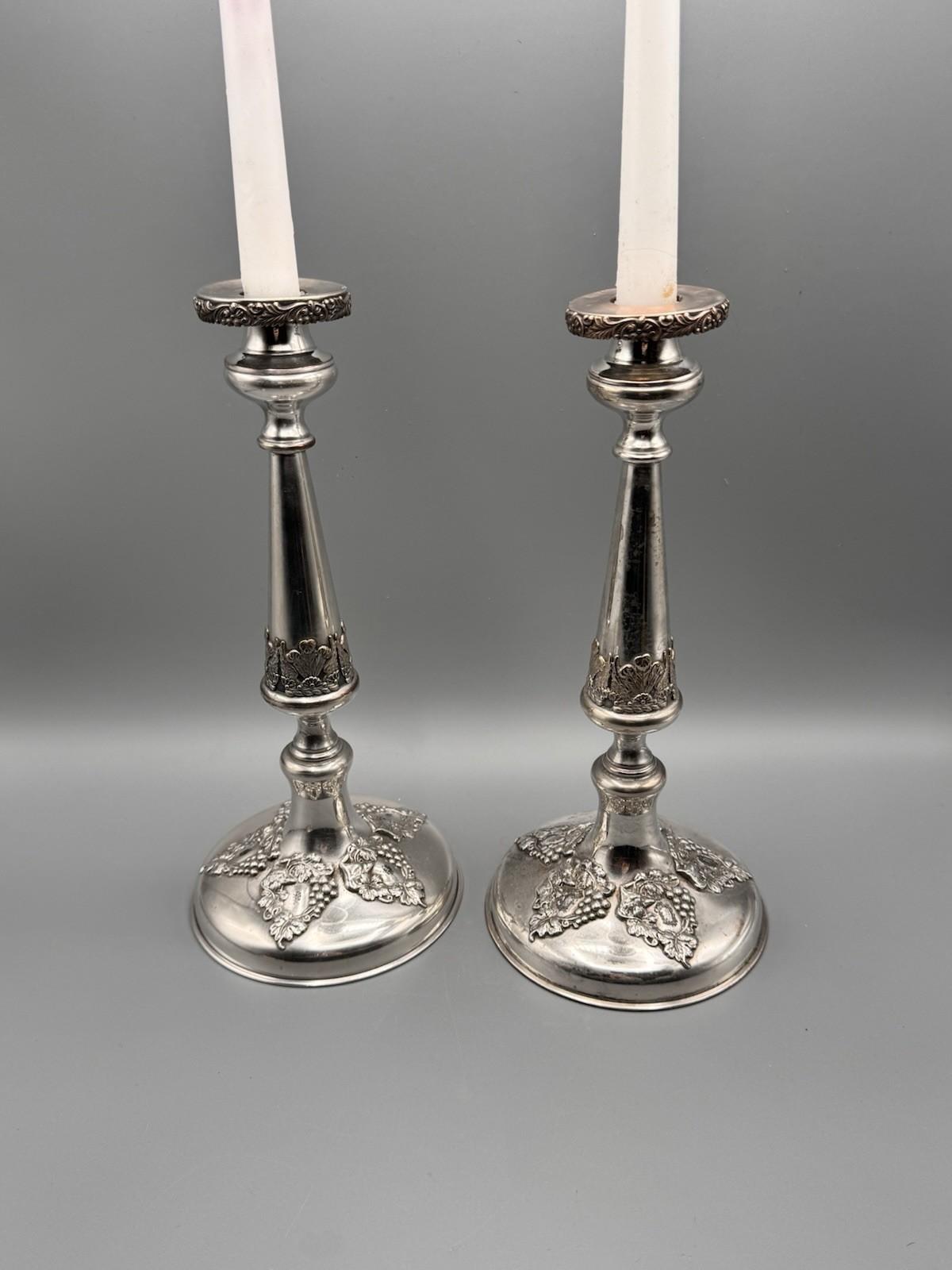 Antique Silverplate Candlesticks Old Sheffield Style Heraldic Pair PLUME