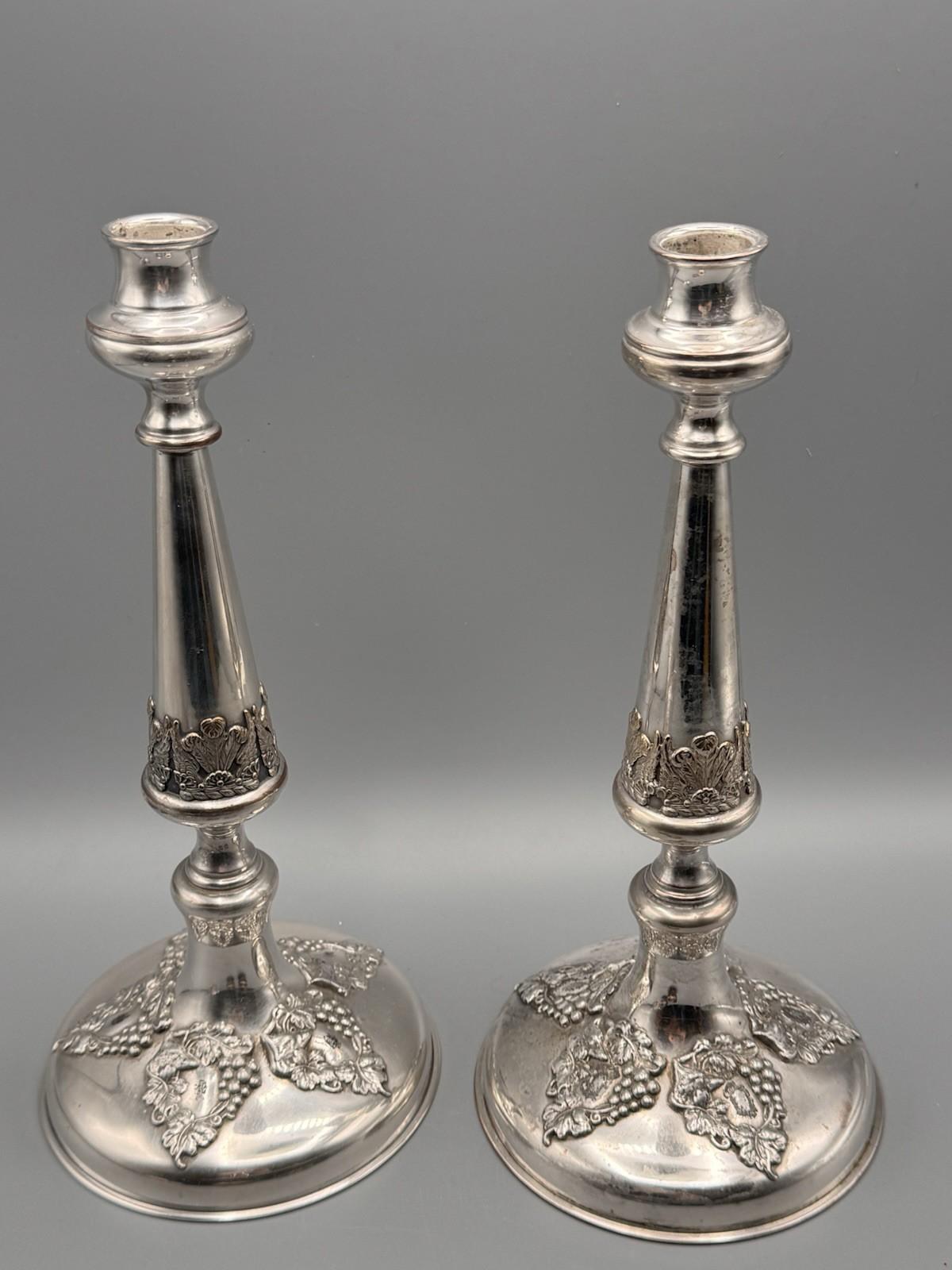 Antique Silverplate Candlesticks Old Sheffield Style Heraldic Pair PLUME