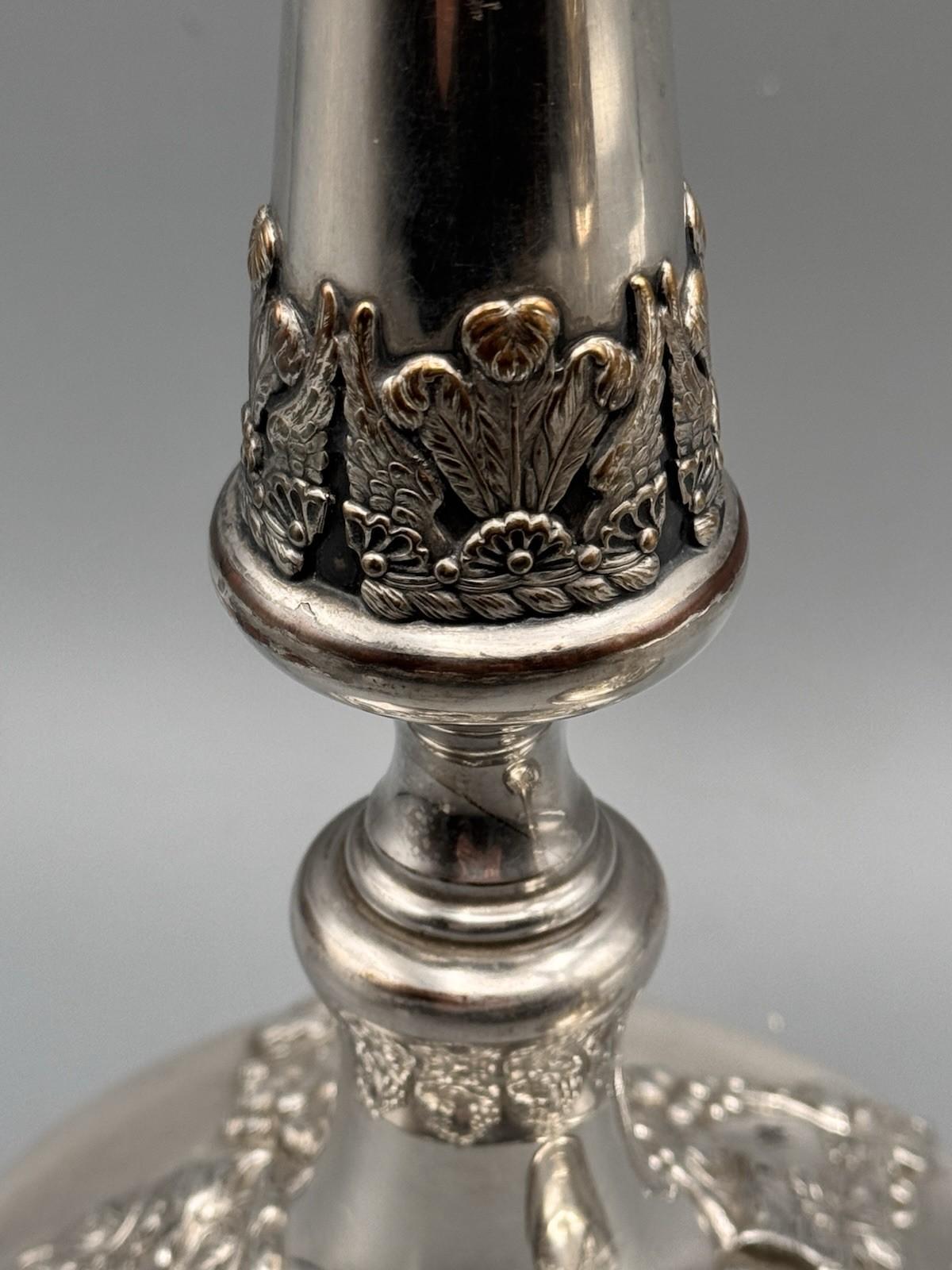 Antique Silverplate Candlesticks Old Sheffield Style Heraldic Pair PLUME