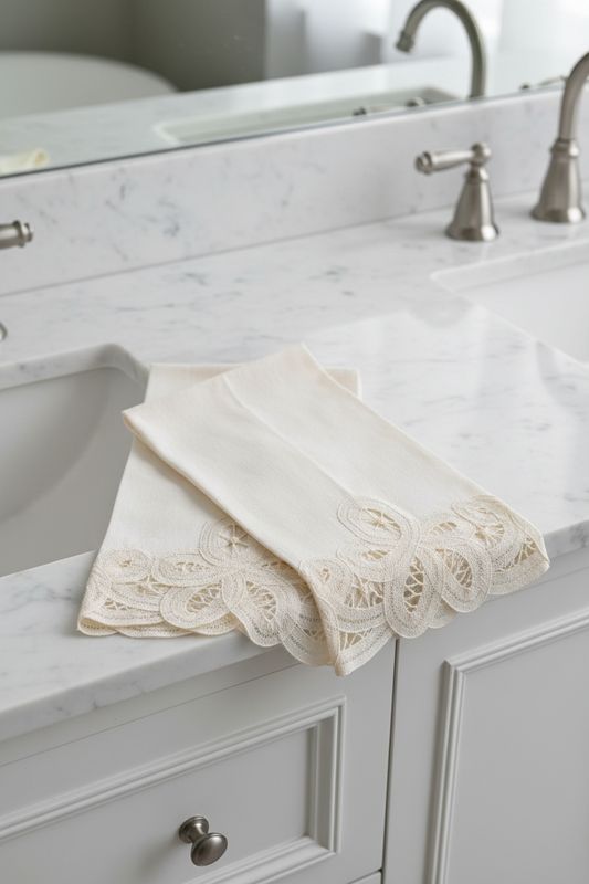 Vintage Linen Hand Towels Lace Appliqué Trim Estate Pair 17x11