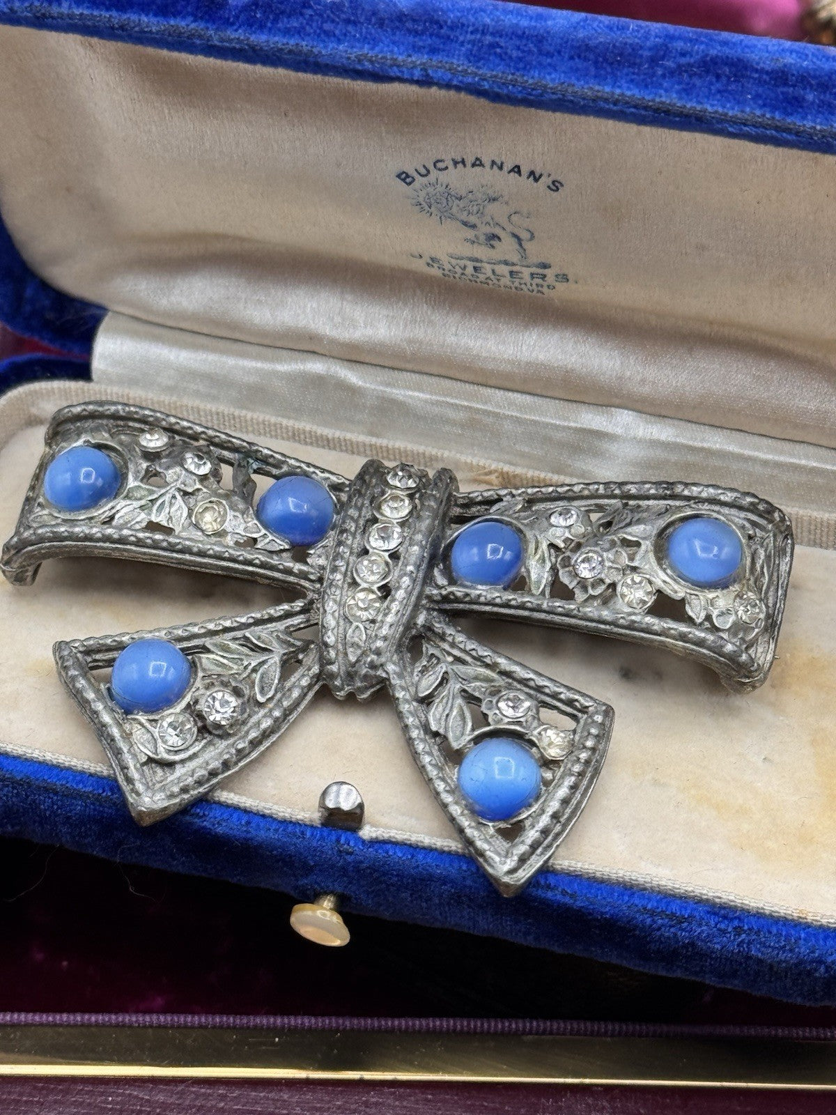 Vintage Brooch Bow Silvertone Blue Cabochon & Rhinestone SIGNED Goldman
