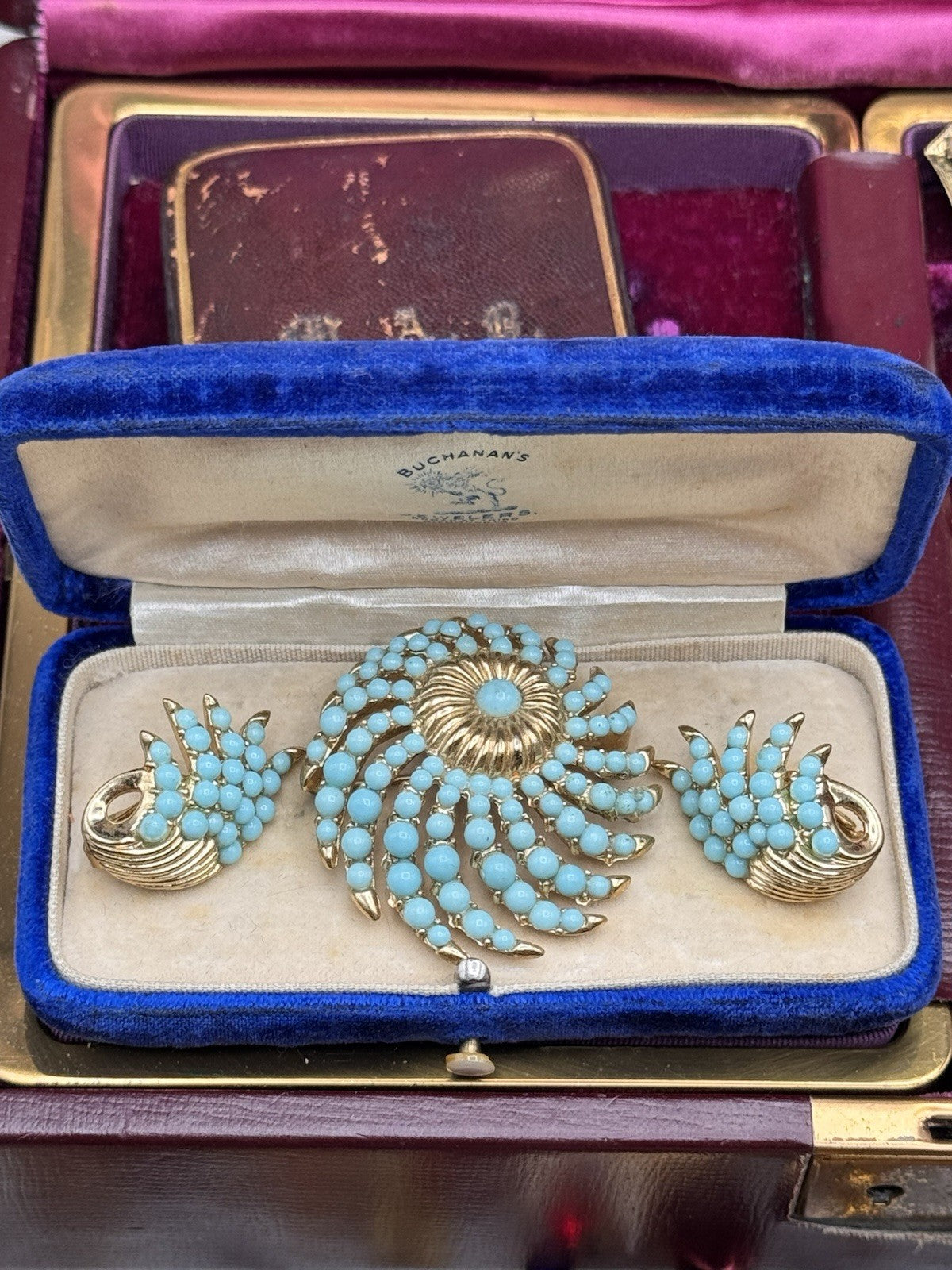 Vintage Brooch Clip Earrings Set Crown Trifari Turquoise Bead Demi Parure