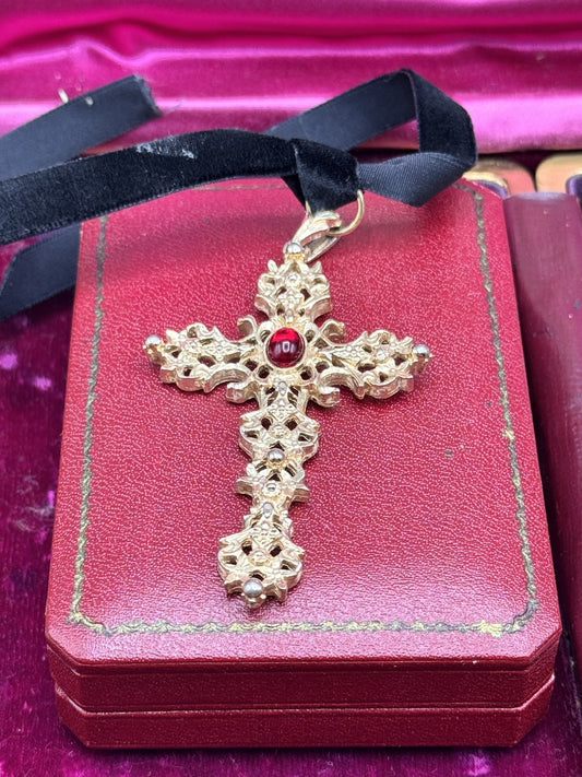 Vintage Avon Pendant Cross Goldtone Ornate Red Cabochon 2.75”