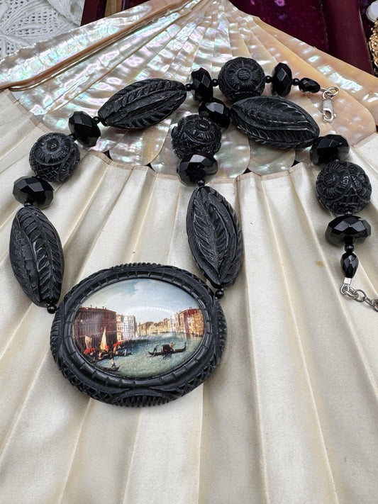 Vintage HOTCAKES Necklace Venice Scene Carved Black RESIN 19” Sterling