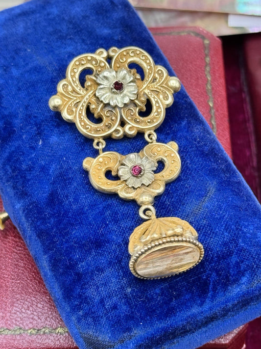Victorian Watch Fob Brooch Dangler 2.25” Goldtone No Monogram