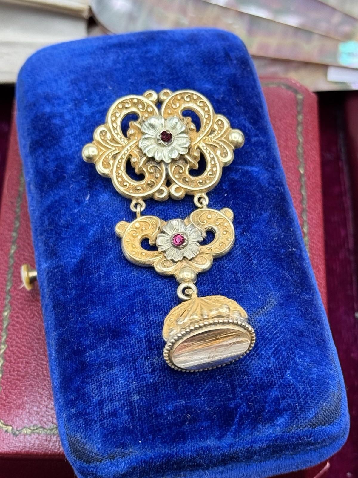 Victorian Watch Fob Brooch Dangler 2.25” Goldtone No Monogram