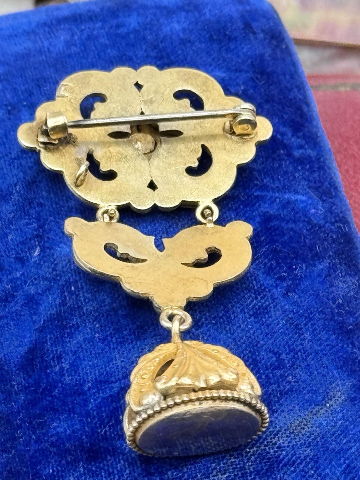 Victorian Watch Fob Brooch Dangler 2.25” Goldtone No Monogram