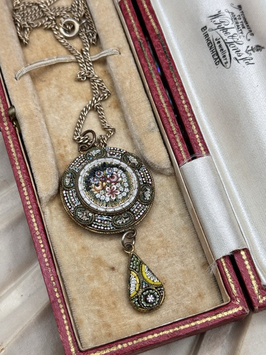 Micro Mosaic Pendant  Necklace Italian Goldtone Chain Floral Drop 15” Vintage