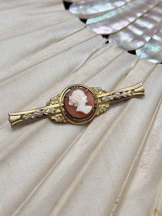 Vintage Cameo Bar Pin 1930s Goldtone Floral 2.5 Inch Brooch