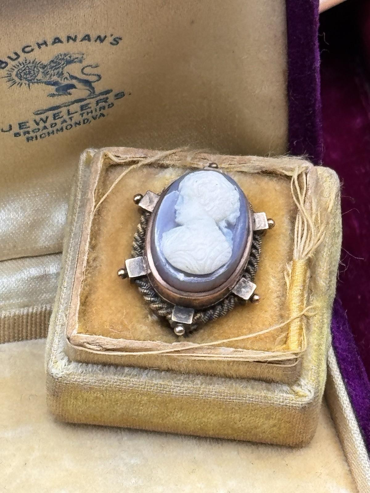 Antique Agate Cameo Brooch 0.75 Inch Victorian w/ Replacement Pin