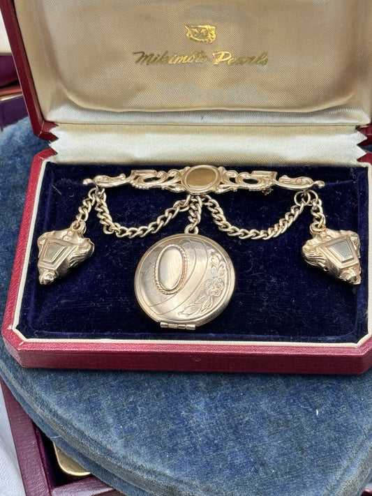 Antique Brooch Photo Locket Bar Pin Dangler Chatelaine Ornate Goldtone 2.75in