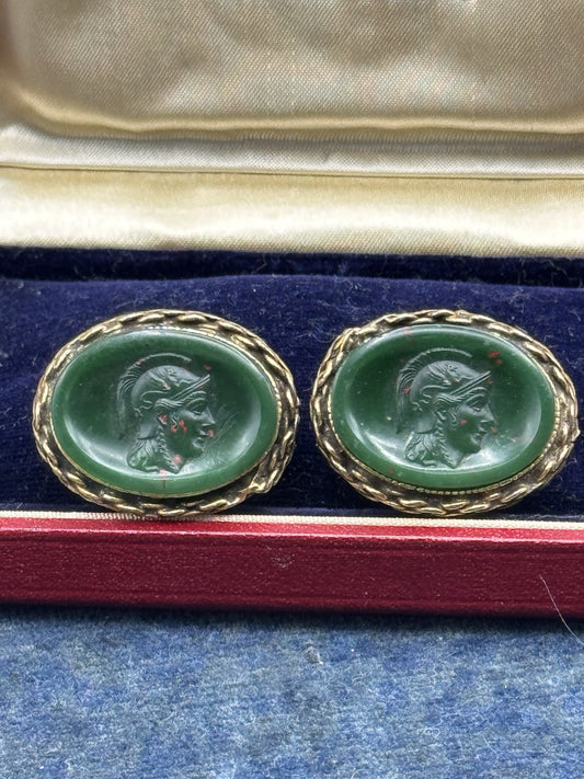 Vintage Cameo Earrings Faux Bloodstone Intaglio Green Goldtone Rope Edge Clips