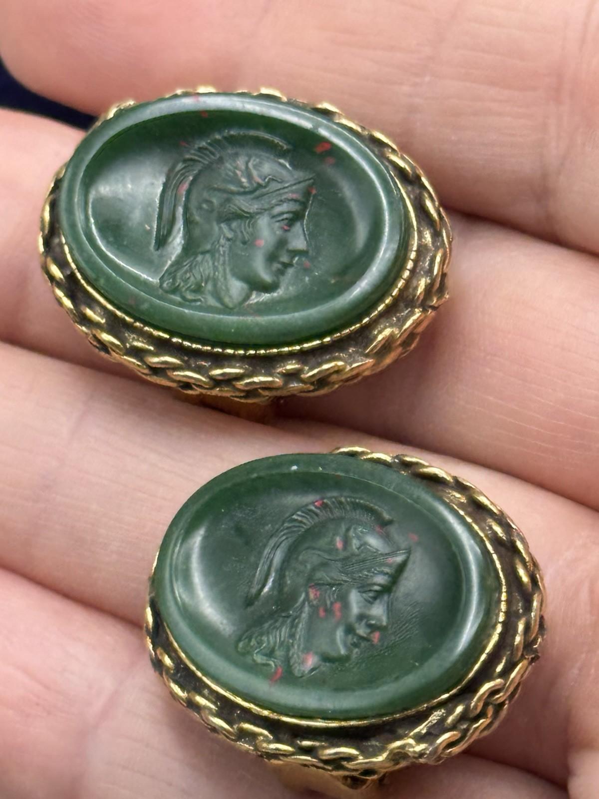 Vintage Cameo Earrings Faux Bloodstone Intaglio Green Goldtone Rope Edge Clips