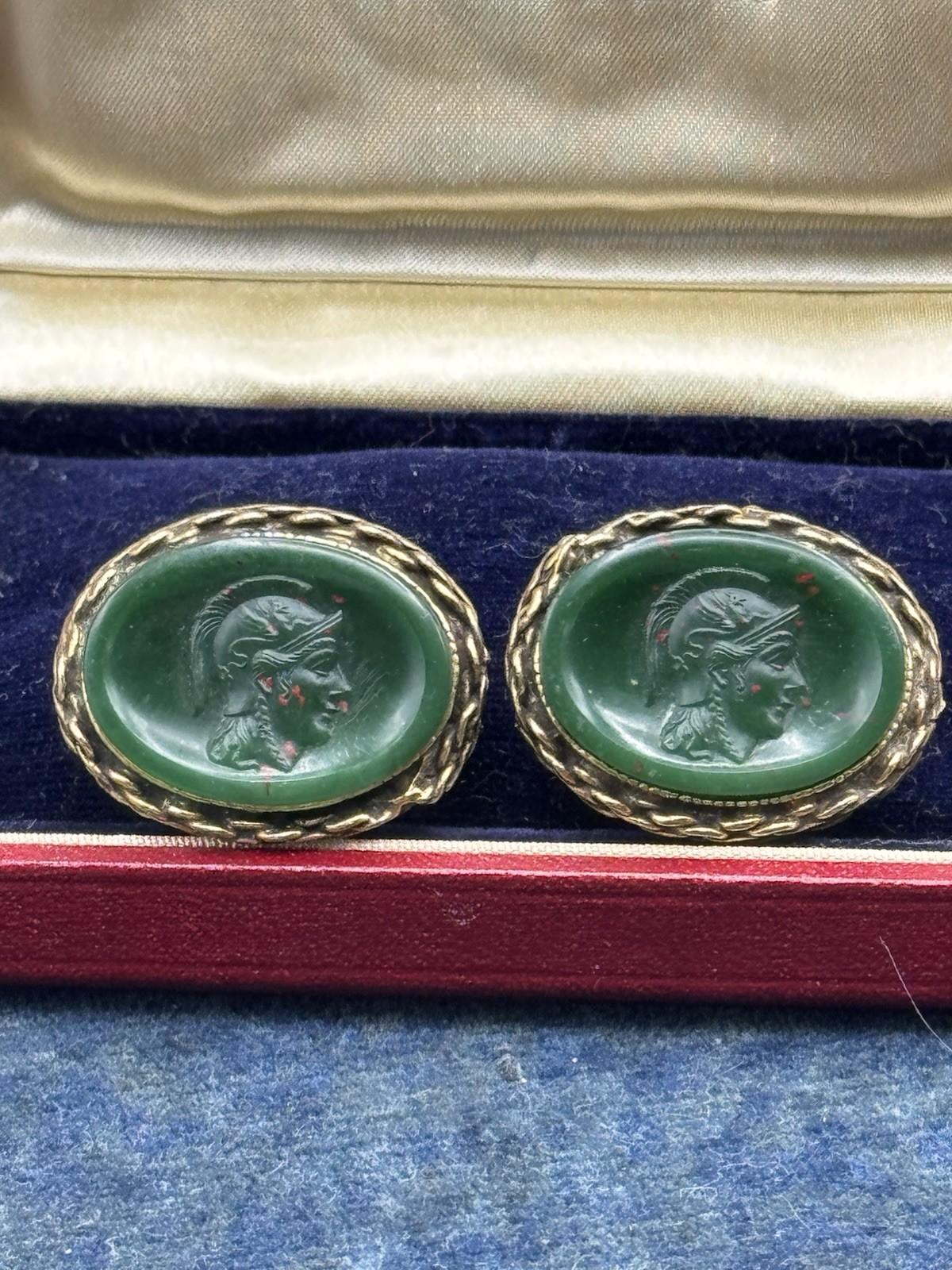 Vintage Cameo Earrings Faux Bloodstone Intaglio Green Goldtone Rope Edge Clips