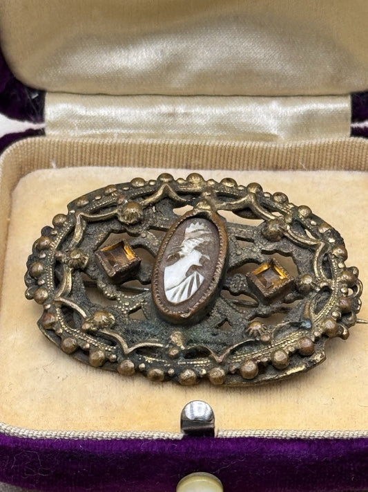 Vintage Cameo Brooch Filigree Brown Rhinestone Victorian Style Goldtone 1.6”