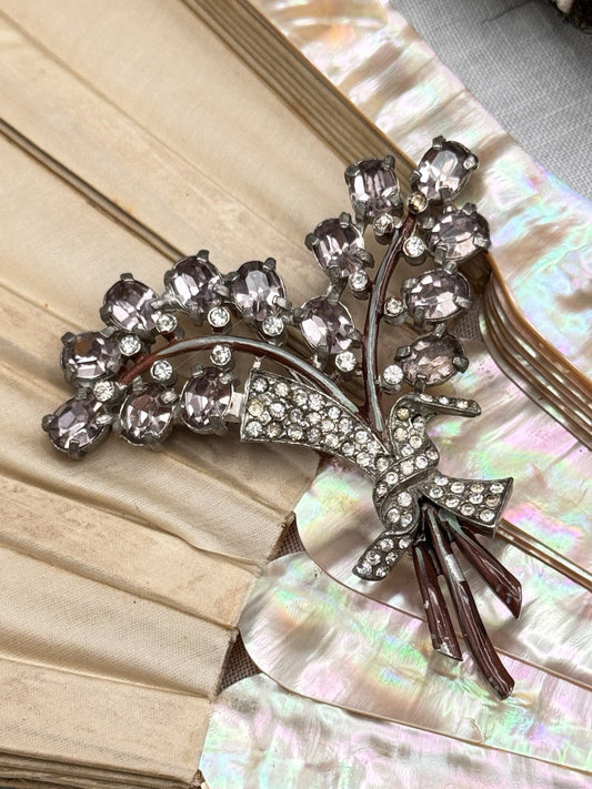 Vintage Rhinestone Floral Spray Brooch Purple Glass 2.75”