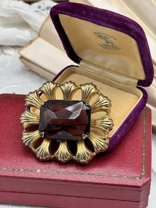 Sterling Silver Goldwash Brooch Red Glass Stone 2” Art Deco Style