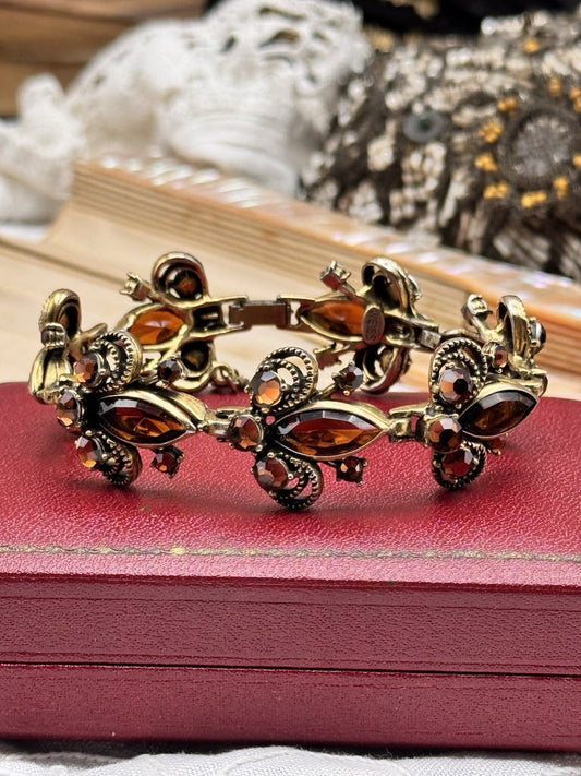 Vintage Weiss Fleur de Lis Bracelet Rhinestone Brown Navette Goldtone 6.5”