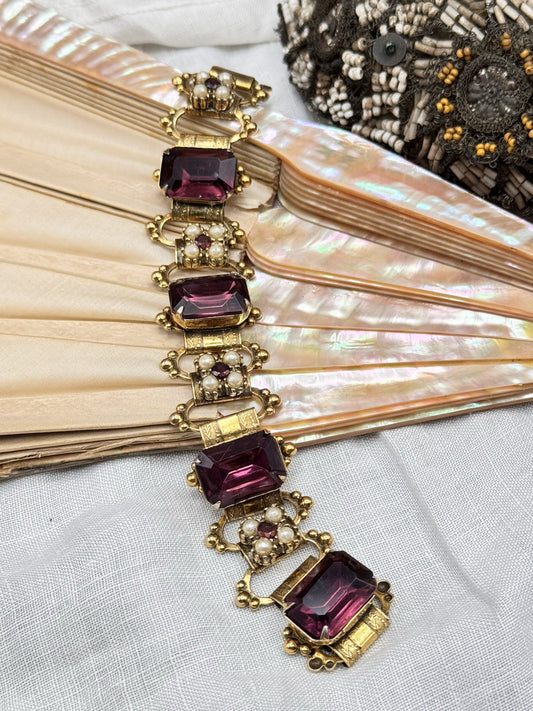 Vintage Vintage Bracelet Purple Glass Faux Pearl Book Chain 6.5”