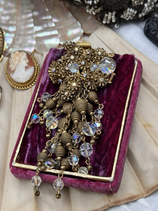 Amourelle Goldtone Dangle Brooch AB Crystal Bead Fringe Filigree 4” READ‼️